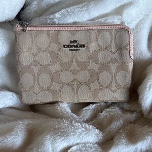 Coach Beige Signature Canvas Wristlet with Pink Trim